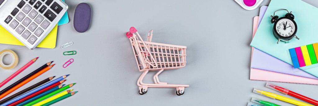 Das Dilemma des Website-Relaunchs 1 Horizontal Banner for Web Design With School Supplies and Grocery Cart